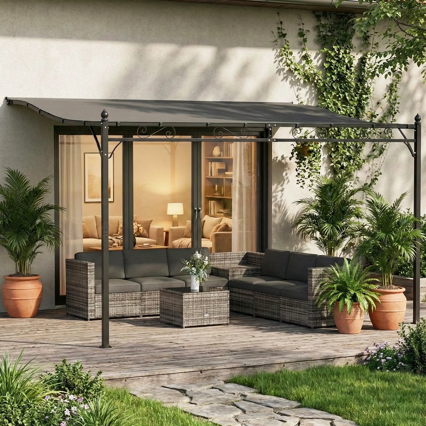Outdoor Pergola, 11.5' x 8.2' Wall Mounted, Metal Frame, UPF30+, Garden Gazebo Pergolas at Gallery Canada