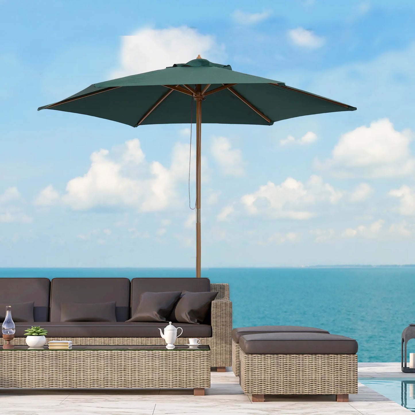 8FT Wood Patio Umbrella, Round Garden Parasol, Bamboo Ribs, Dark Green Sun Umbrellas at Gallery Canada