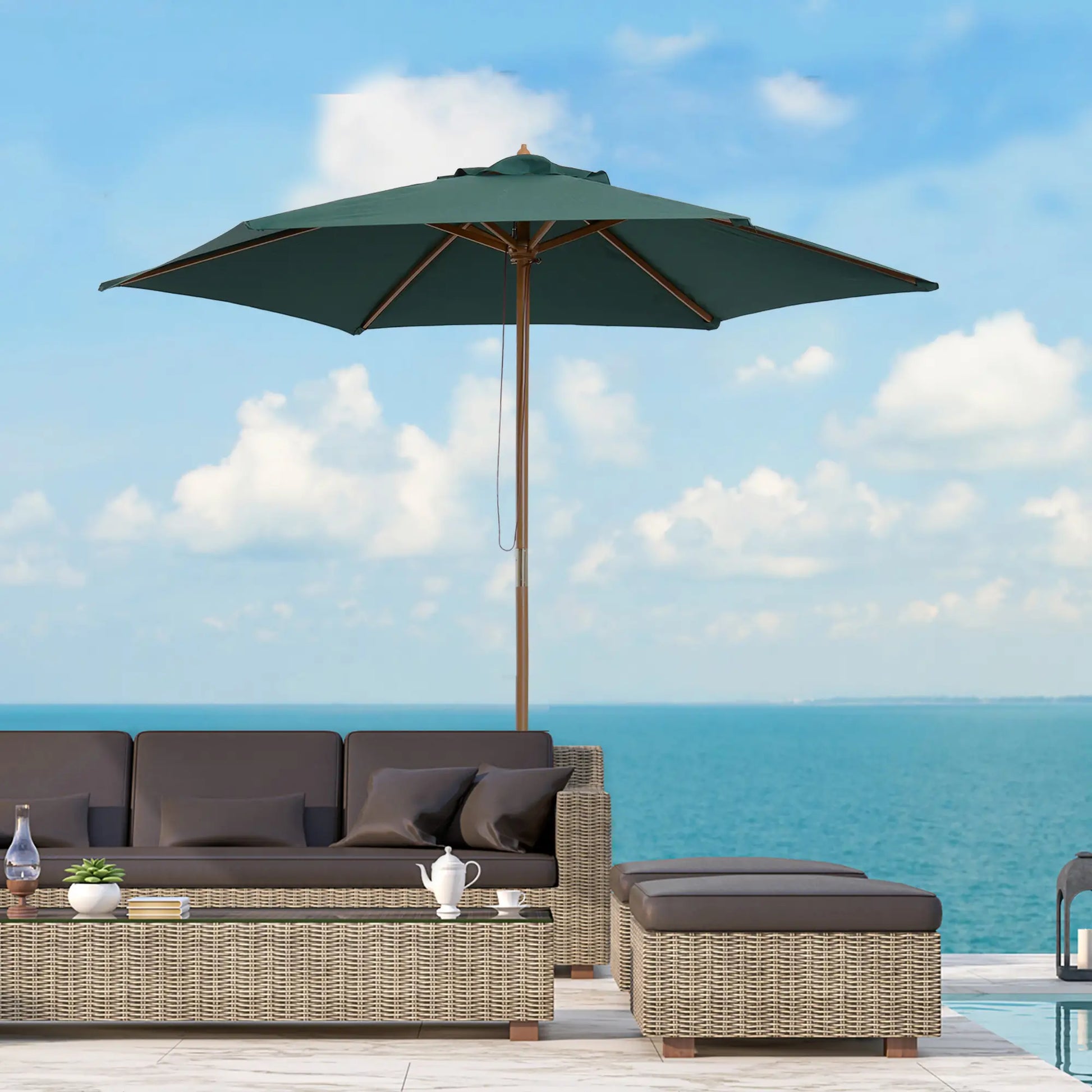 8FT Wood Patio Umbrella, Round Garden Parasol, Bamboo Ribs, Dark Green Sun Umbrellas at Gallery Canada