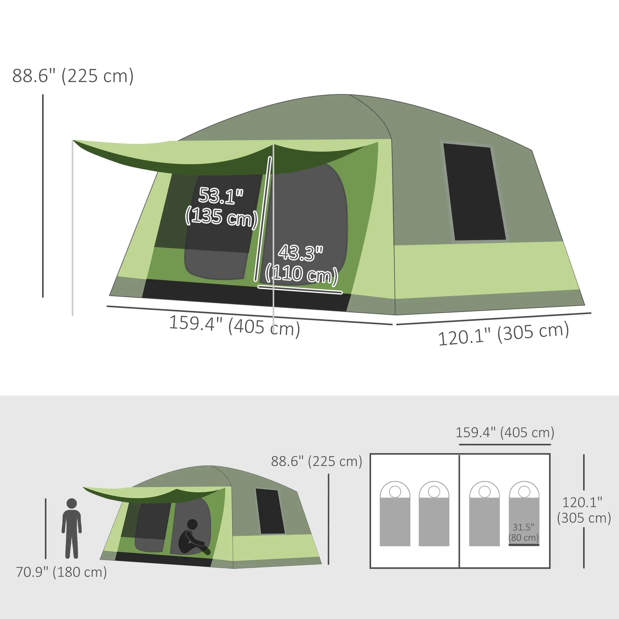 Tunnel Tent Camping Shelter, Two Rooms, Lamp Hook, Portable, Green Camping Tents at Gallery Canada