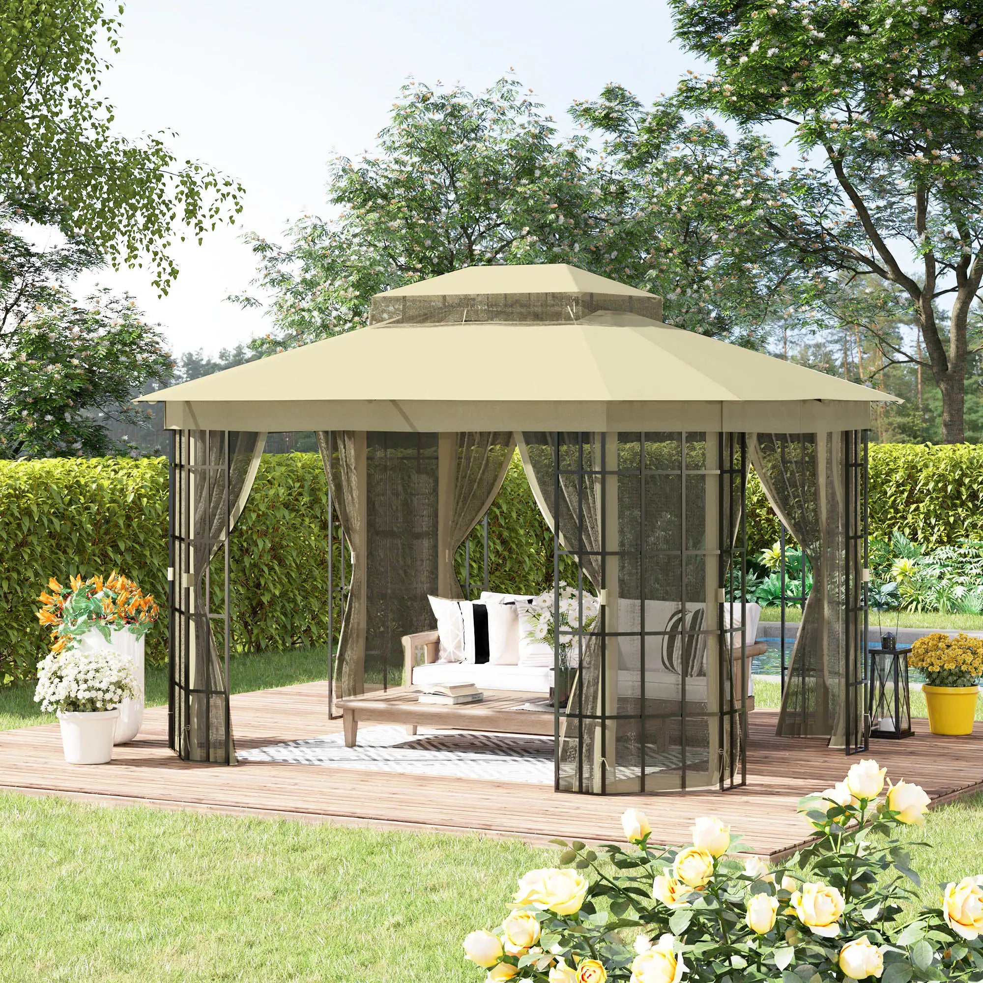 12'x10' Soft-Top Patio Gazebo, Steel Frame, Vented Roof, Mosquito Netting, Beige Gazebos at Gallery Canada