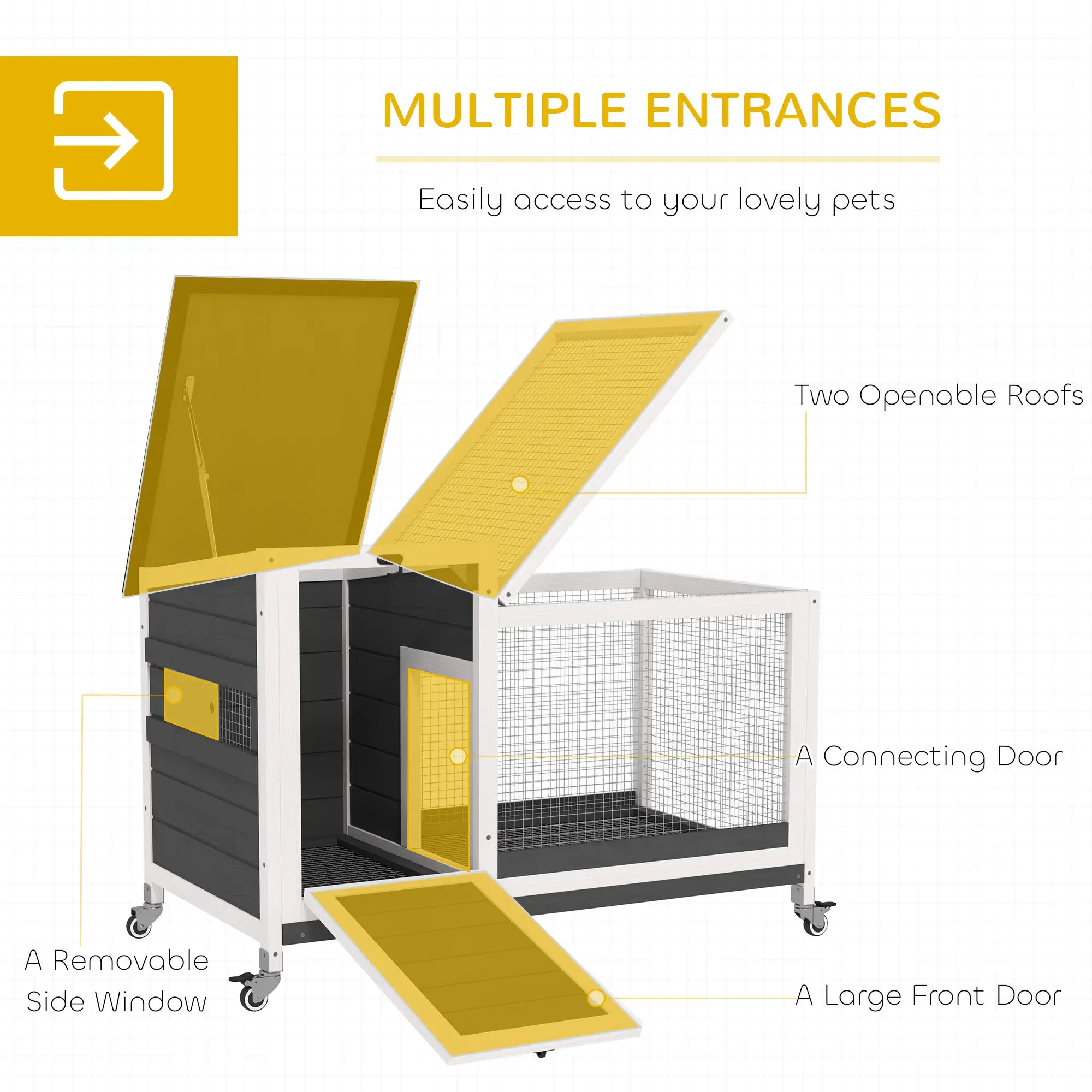 Wooden Rabbit Hutch, Pull-Out Tray, Openable Roof, Small Animal Cage on Wheels, Grey Rabbit Hutch at Gallery Canada