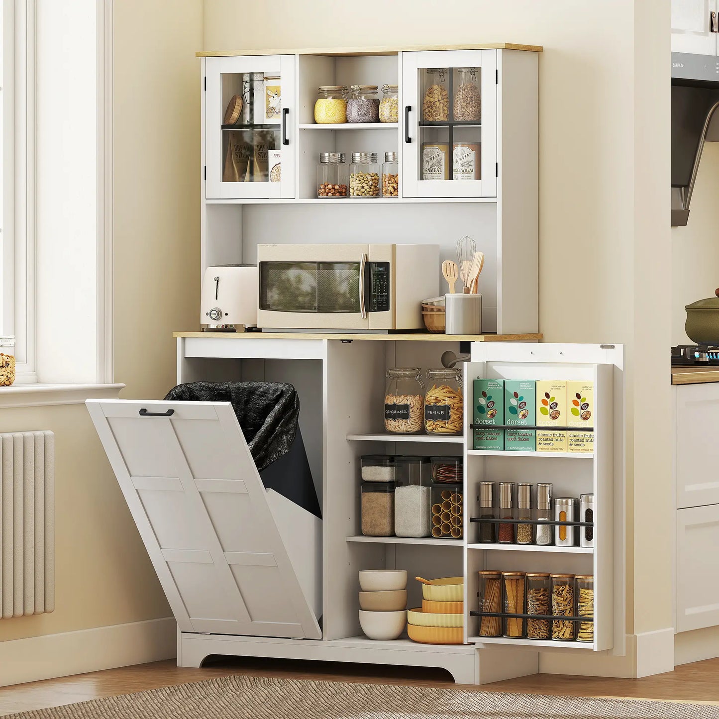 Kitchen Pantry Cabinet, 7 Gallon Trash Can, Adjustable Shelves, White Kitchen Pantry Cabinets at Gallery Canada