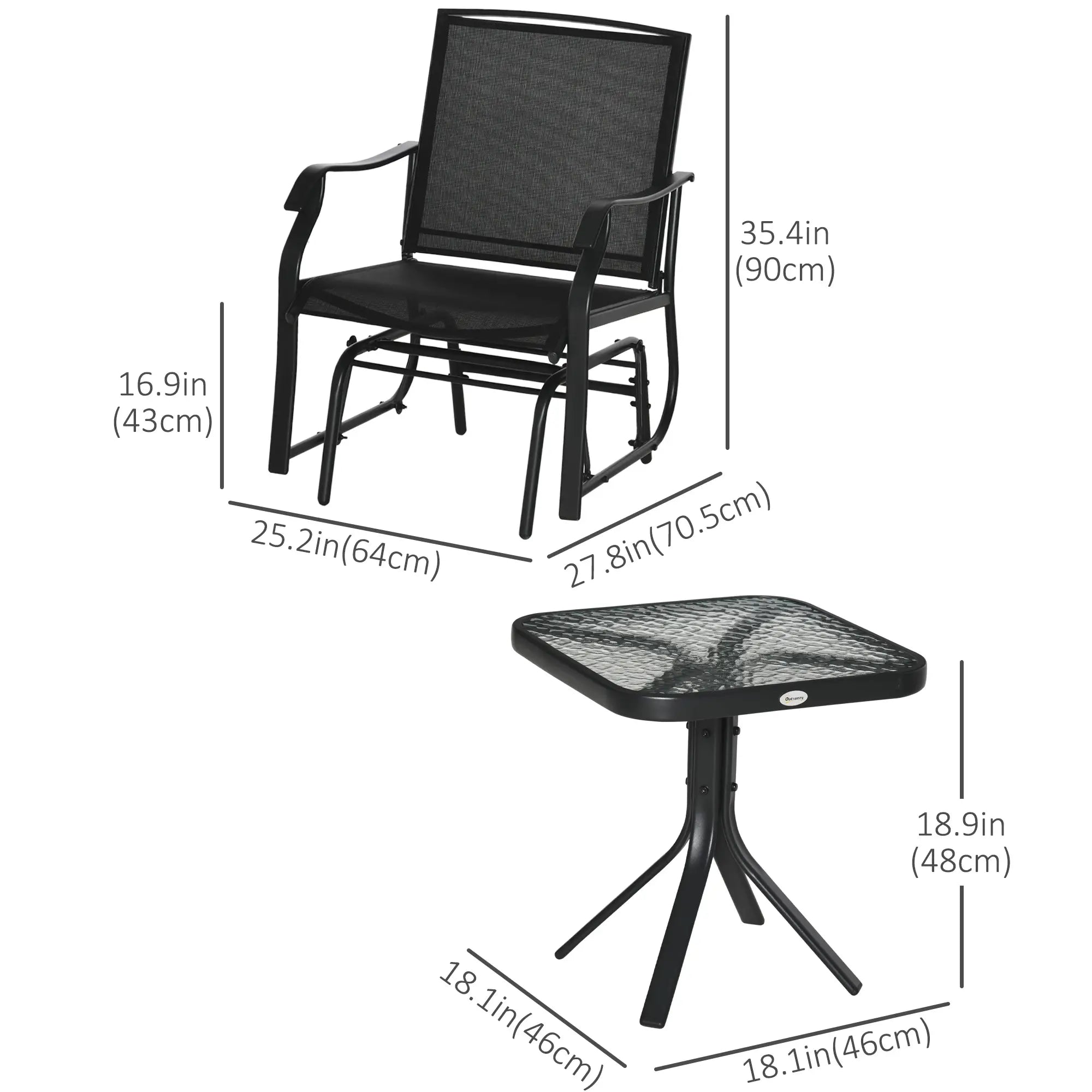 3 Piece Patio Glider Set, Breathable Mesh Seat, Glass Top Table, Black Outdoor Gliders at Gallery Canada