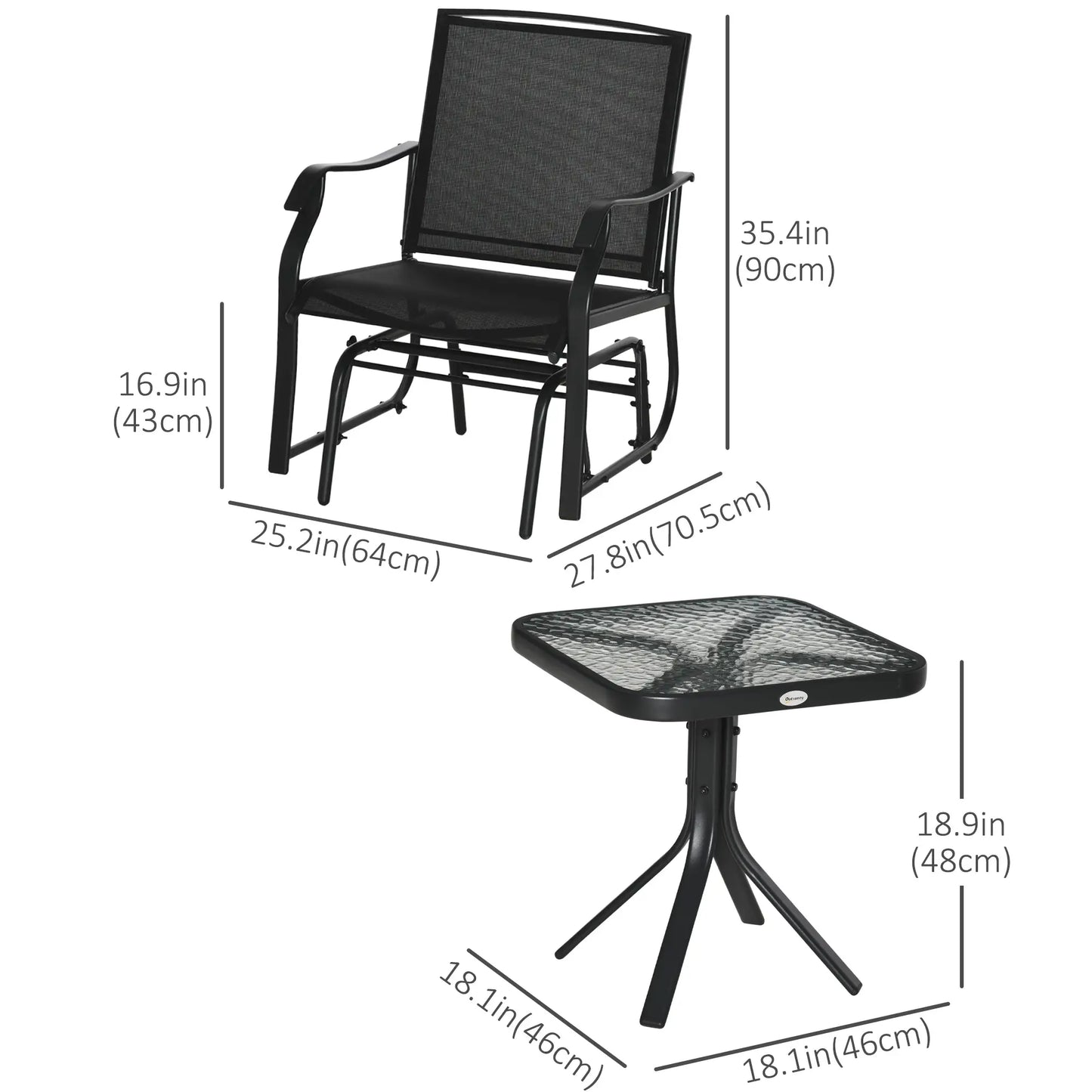 3 Piece Patio Glider Set, Breathable Mesh Seat, Glass Top Table, Black Outdoor Gliders at Gallery Canada
