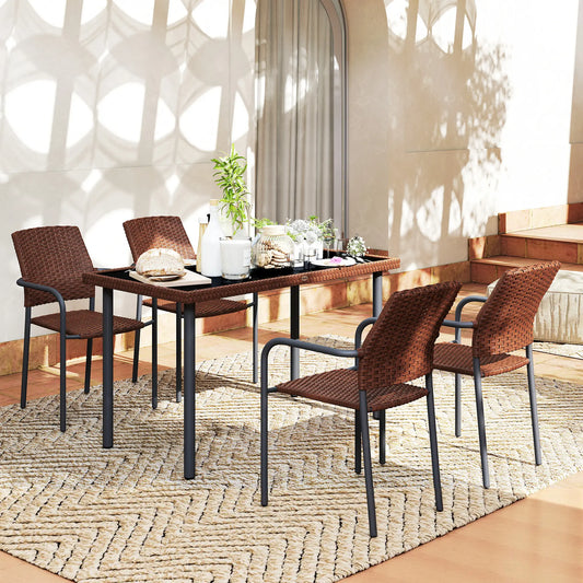 5 Piece Outdoor Dining Set, PE Wicker Rattan Patio Furniture, Stackable Chairs, Glass Table Top Patio Furniture Sets Brown at Gallery Canada
