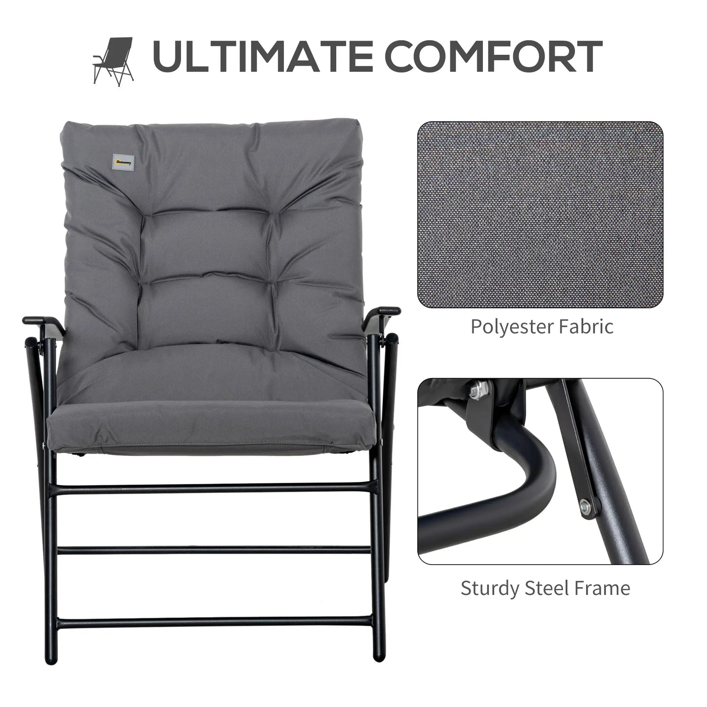 Foldable Lounge Chair, Fabric Upholstered Recliner, Outdoor Lounger with Armrest, Metal Frame for Backyard, Grey Patio Chairs at Gallery Canada