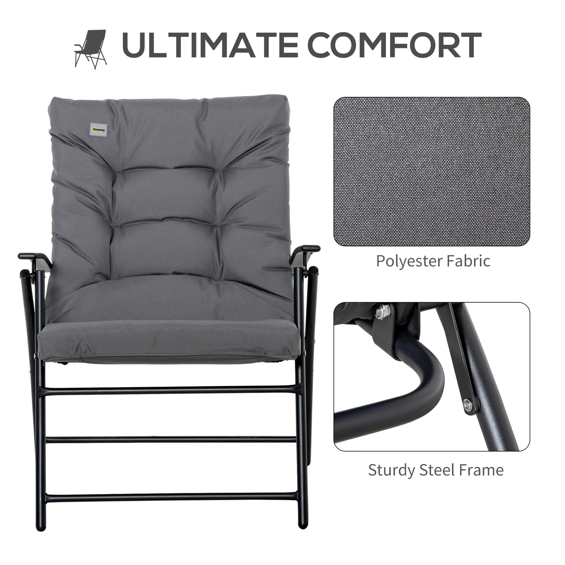 Foldable Lounge Chair, Fabric Upholstered Recliner, Outdoor Lounger with Armrest, Metal Frame for Backyard, Grey Patio Chairs at Gallery Canada