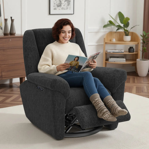 Power Recliner Chair, Fabric, USB Ports, Swivel & Rocking, Black