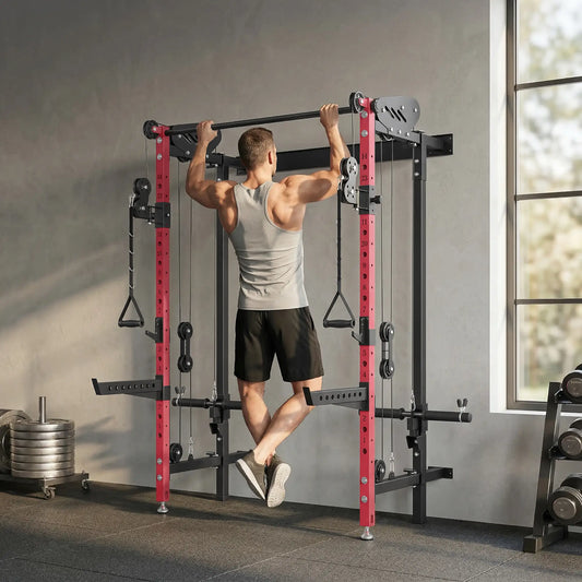 Foldable Power Cage With Pull-Up Bar, Cable Pulley System, 1540 Lbs Power Towers Red at Gallery Canada