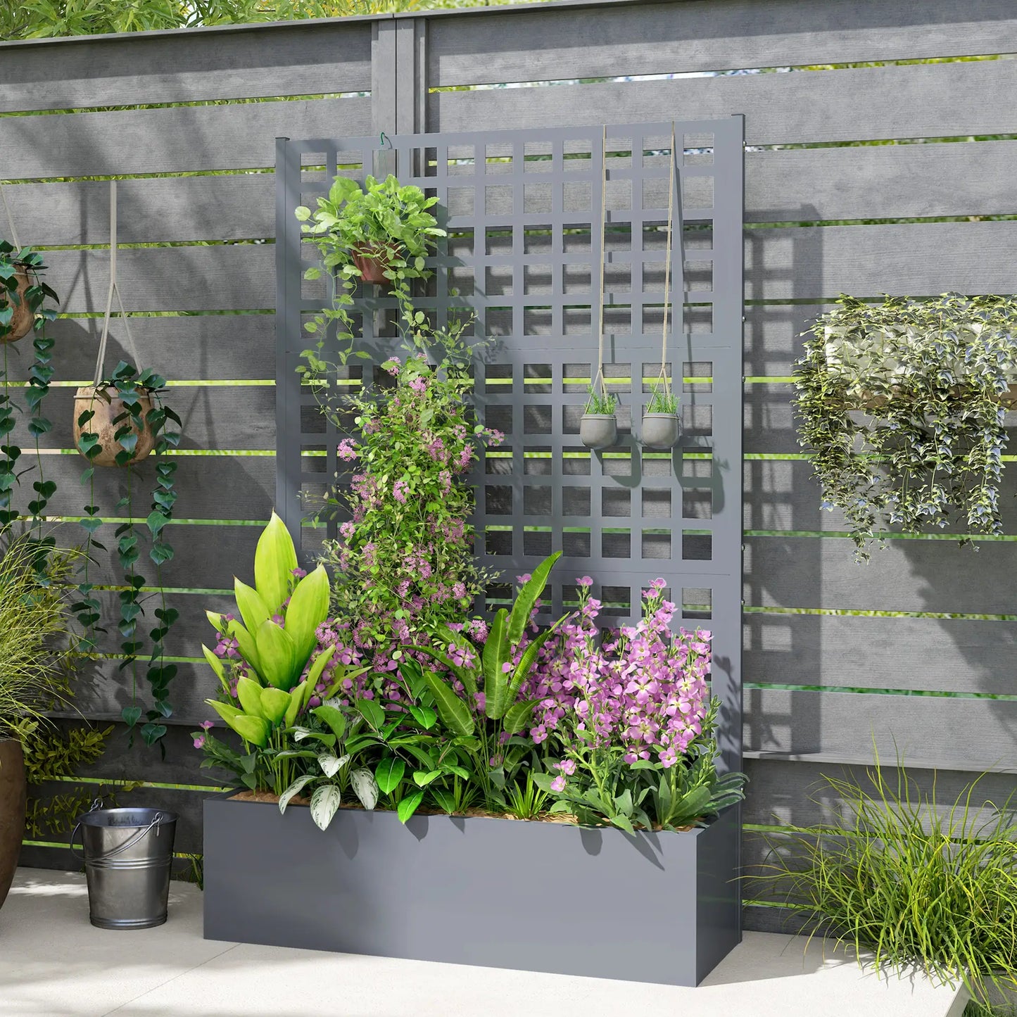 Galvanized Raised Garden Bed Planter Box With Trellis, 43"x16"x70", Grey Wood Effect, Grey Galvanized Planter Boxes at Gallery Canada