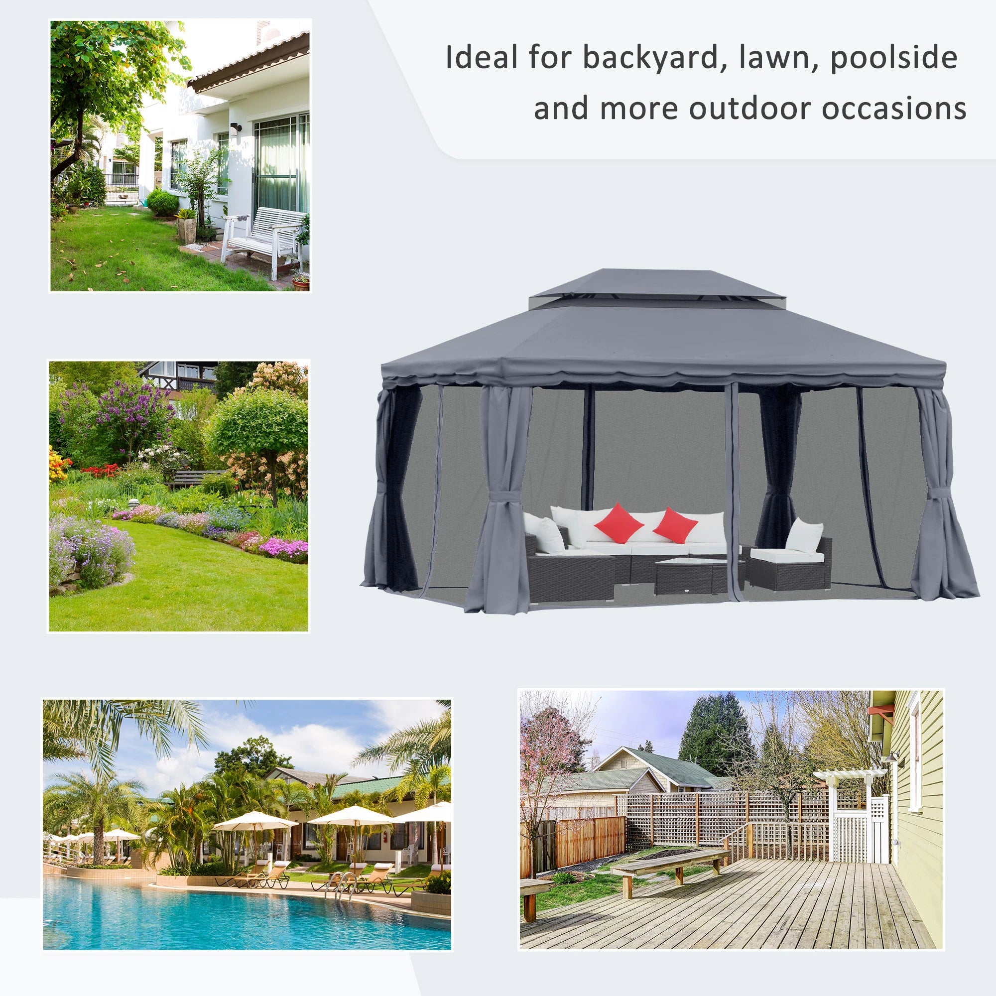 13' x 10' Patio Gazebo, Double Roof Canopy Shelter with Netting, Dark Grey Gazebos at Gallery Canada