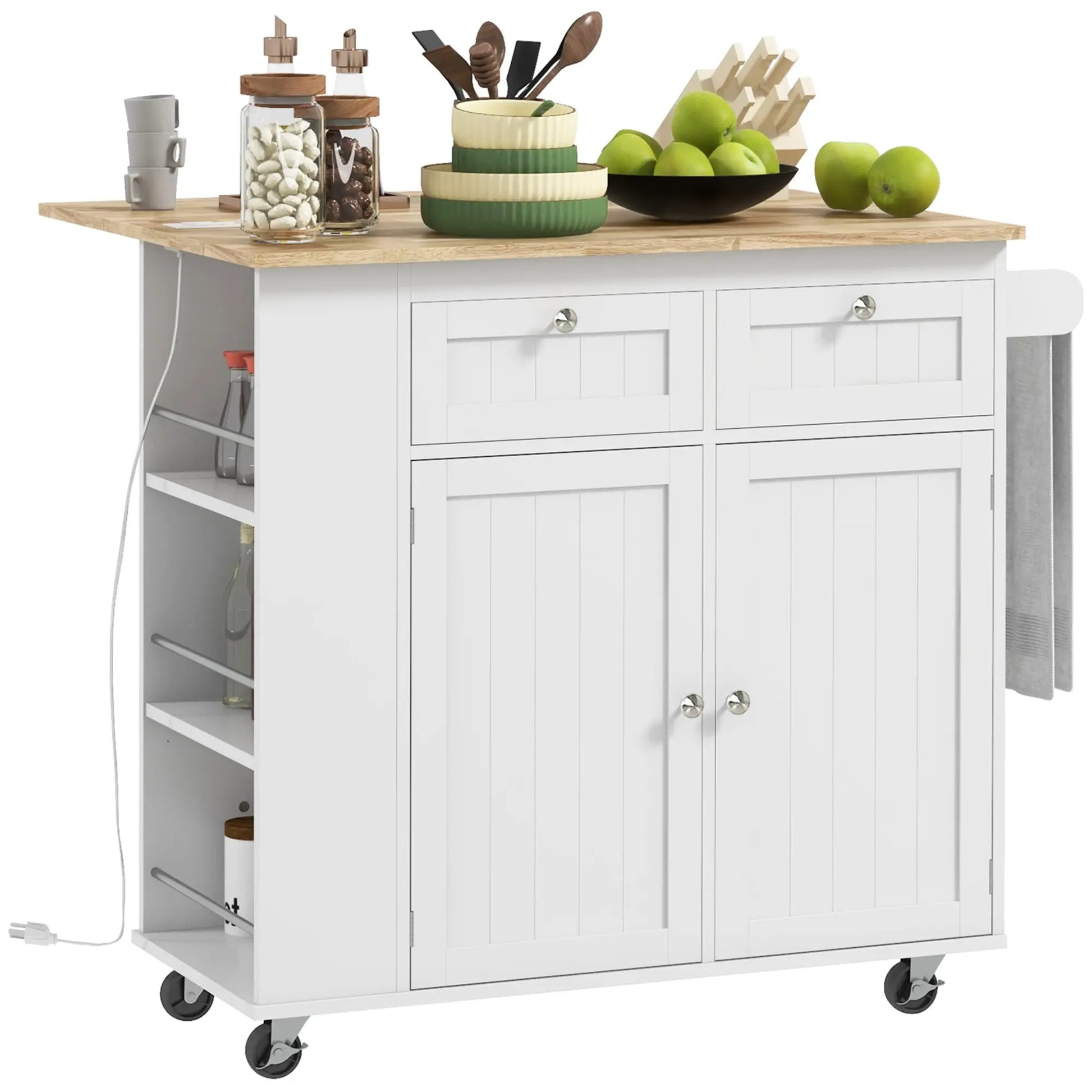 Kitchen Island with Power Outlet and Drop Leaf, Rolling Kitchen Cart with 2 Drawers and Adjustable Shelves, White Kitchen Islands & Kitchen Carts at Gallery Canada