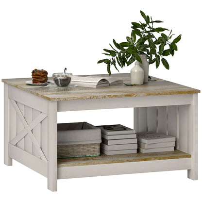 31.5" Square Coffee Table, Farmhouse 2-Tier, Distressed Oak Brown, Brown Coffee Tables at Gallery Canada