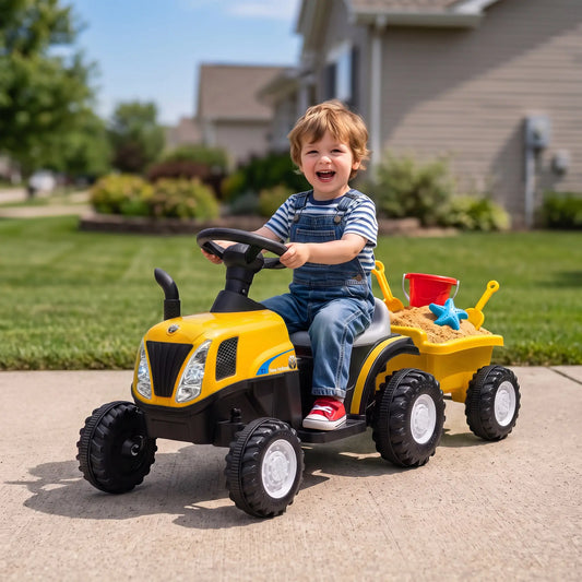 Kids Ride On Tractor 6V Electric Vehicle, Detachable Trailer, Music, Yellow