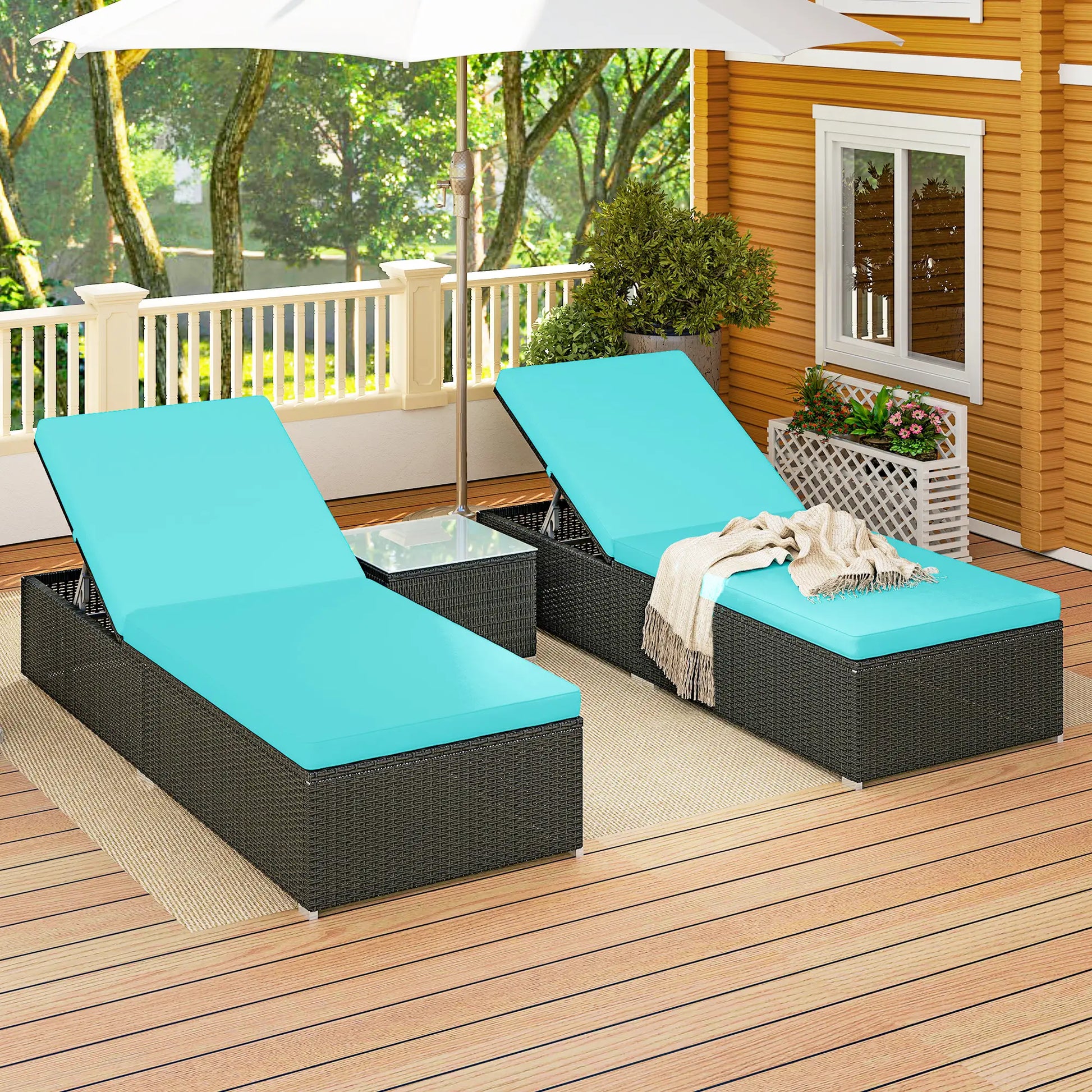 3pc Rattan Lounge Chair Set with Side Table Outdoor Patio Synthetic Rattan Wicker Sun Bed Set with Cushion Chaise Loungers at Gallery Canada