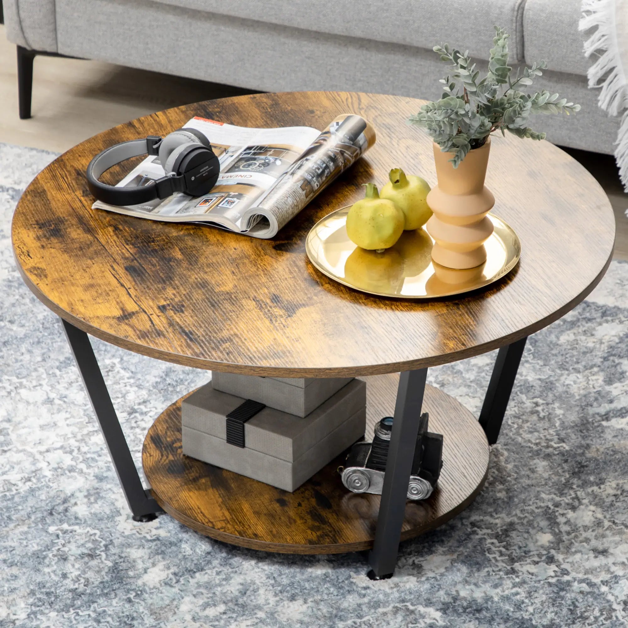 2-Tier Round Coffee Table, Storage Shelf, Steel Frame, Rustic Brown, Brown Coffee Tables at Gallery Canada