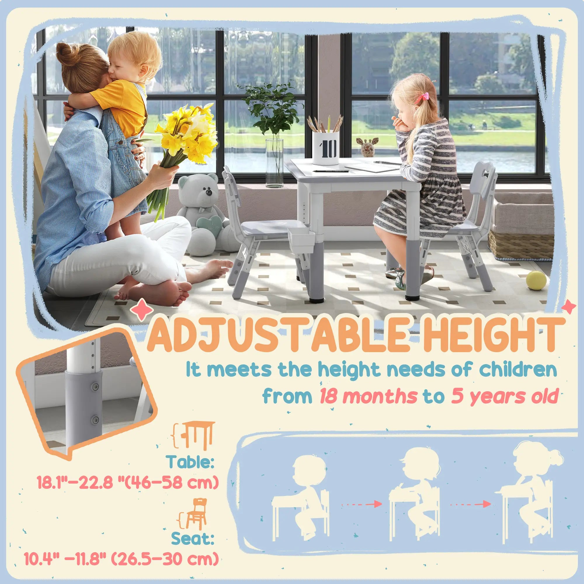 Toddler Table and Chair Set, Adjustable Height, Storage, Grey Kids Table Sets at Gallery Canada