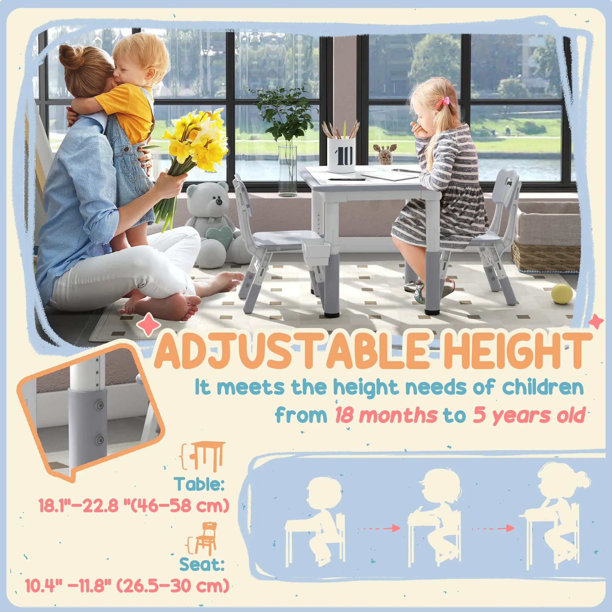 Toddler Table and Chair Set, Adjustable Height, Storage, Grey Kids Table Sets at Gallery Canada