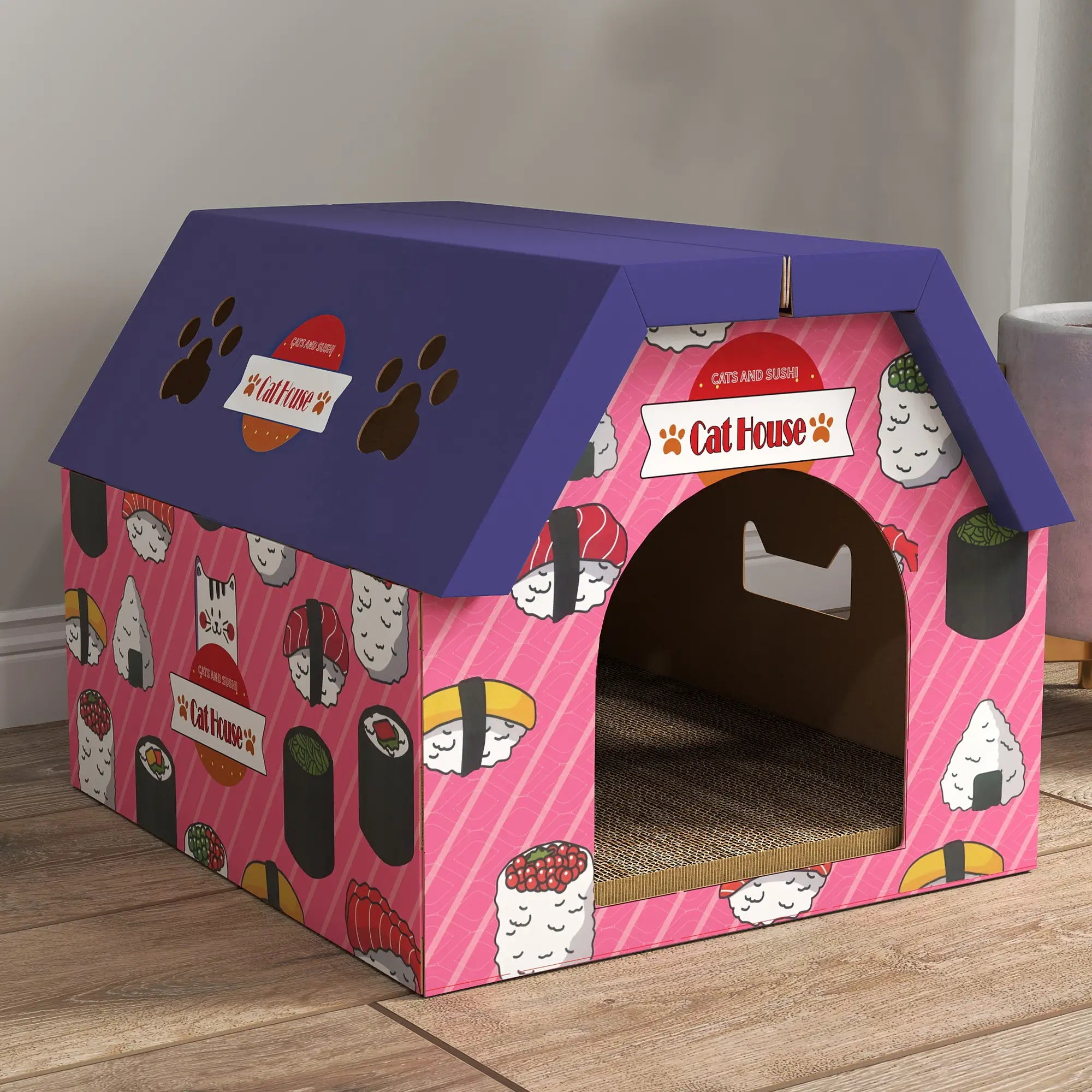 Cat Scratcher House, 2-in-1 Cardboard Scratching Pad with Door, Pink Cat Houses at Gallery Canada