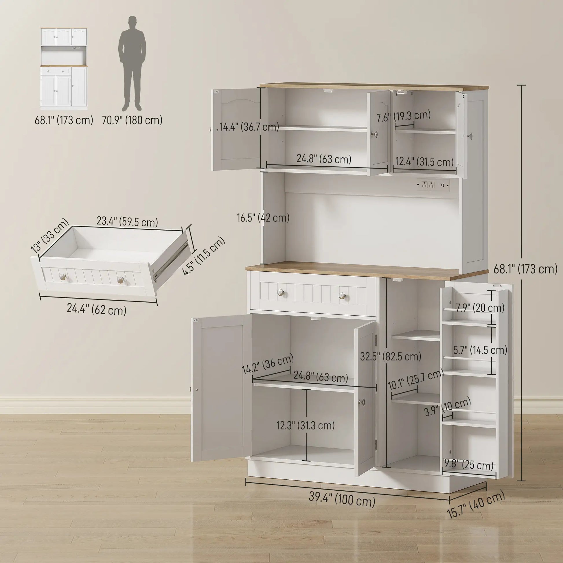 68 Inch Pantry Cabinet with Charging Station, Microwave Stand, 4 Door Racks, White Kitchen Pantry Cabinets at Gallery Canada