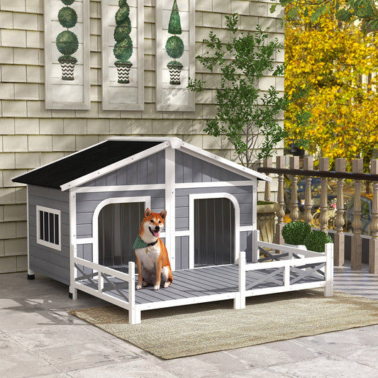 59"x64"x39" Wood Dog House Outdoor Cabin-Style Elevated Pet Shelter with Porch Deck, Grey - Gallery Canada