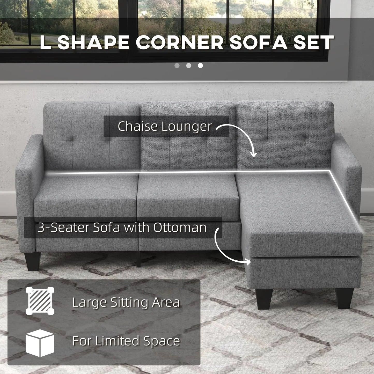 L-Shaped Sofa, 3 Seater with Ottoman, Thick Padded Cushion, Light Grey 3-Seater Sofas at Gallery Canada