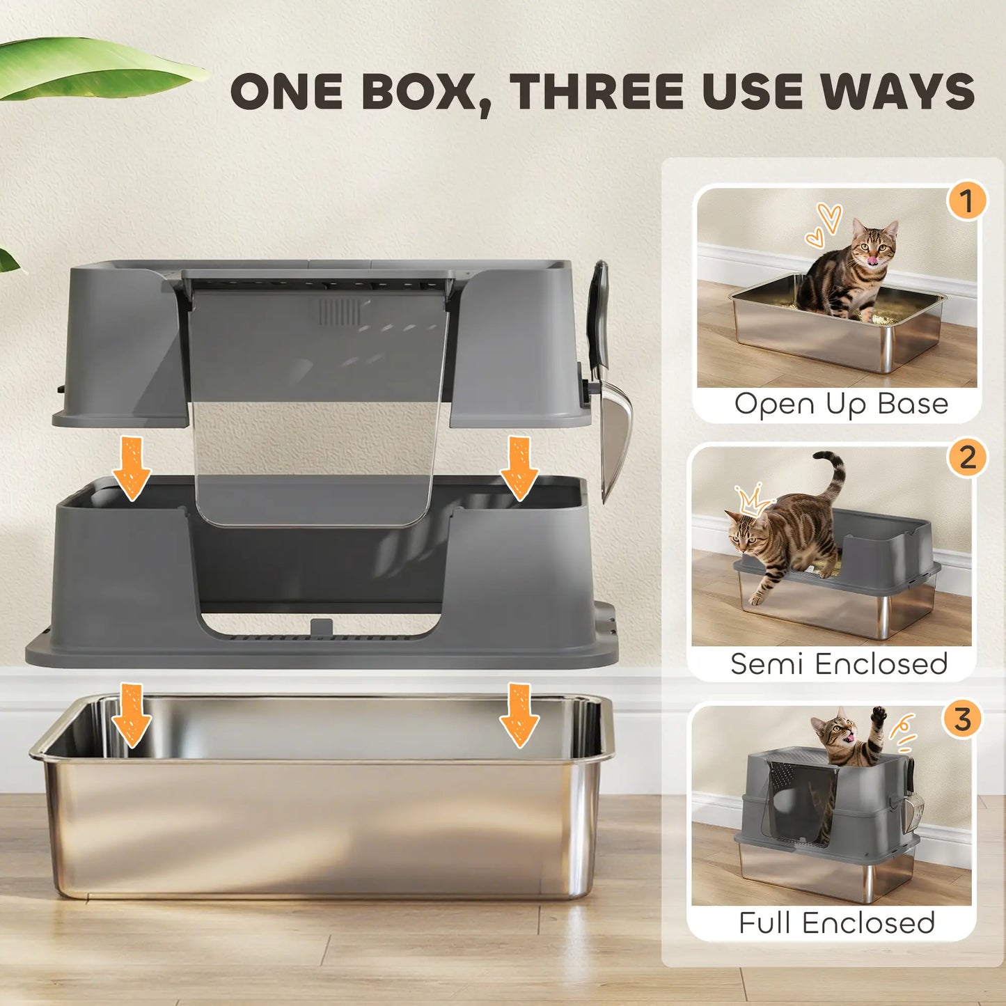 XL Stainless Litter Box With 100° Flip Top, Scoop, Dual Entry, Stainless