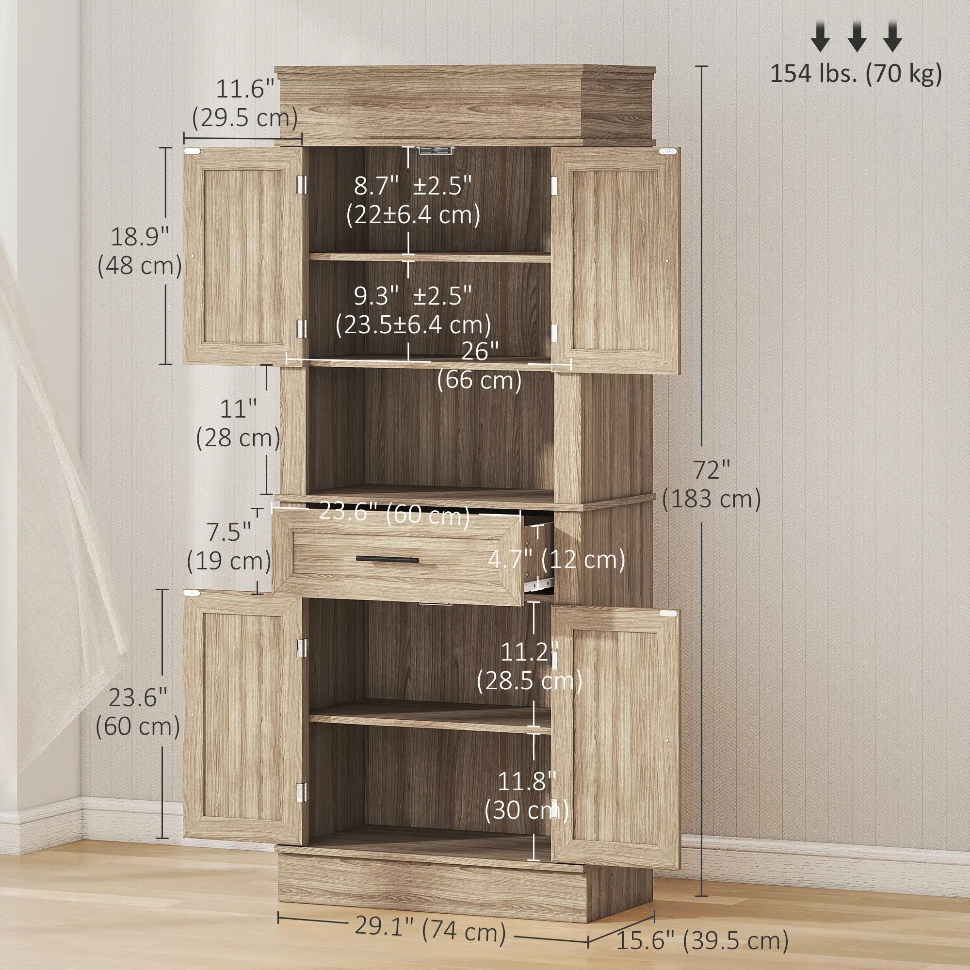 Modern Kitchen Pantry Cabinet, Freestanding with Adjustable Shelves, Oak Kitchen Pantry Cabinets at Gallery Canada