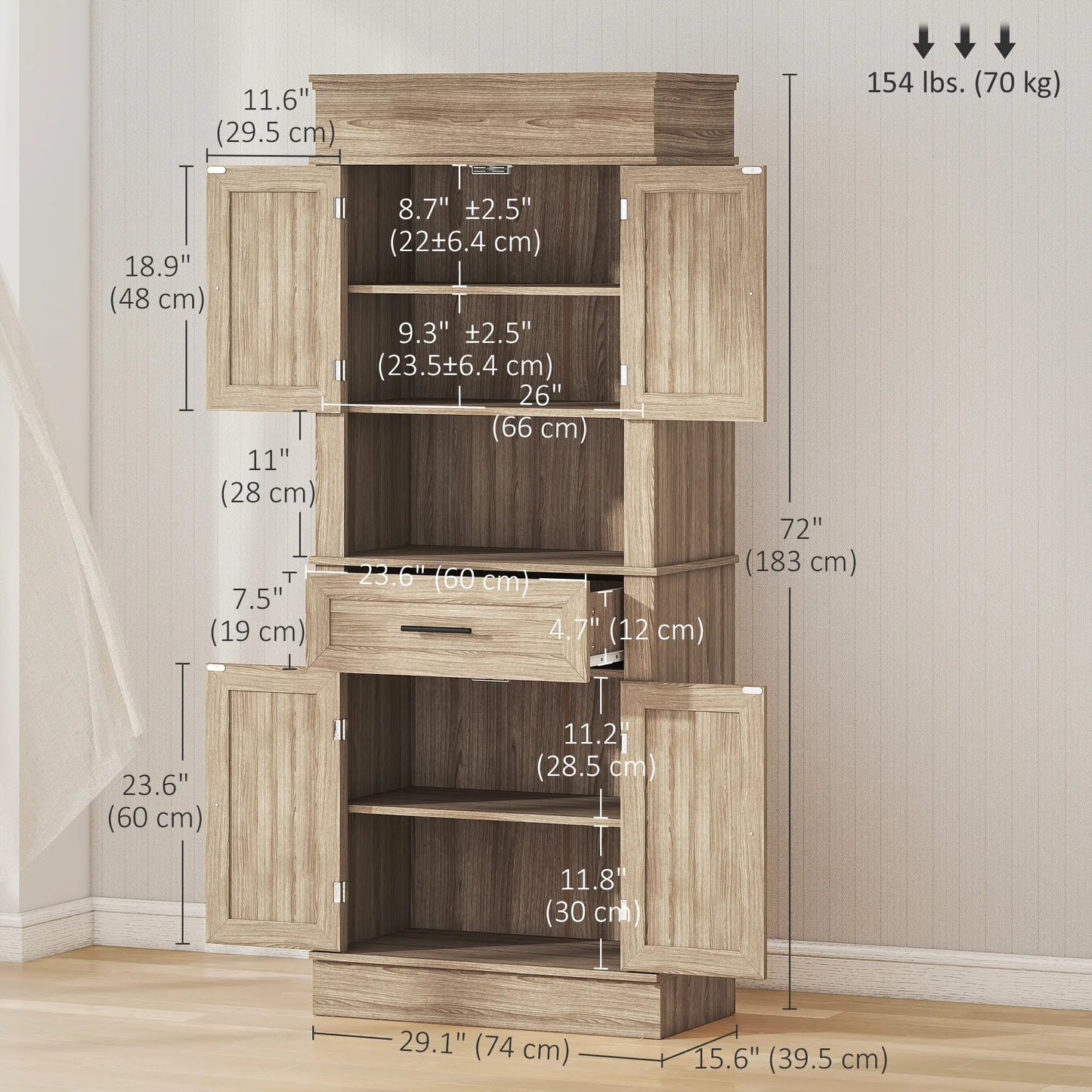 Modern Kitchen Pantry Cabinet, Freestanding with Adjustable Shelves, Oak Kitchen Pantry Cabinets at Gallery Canada