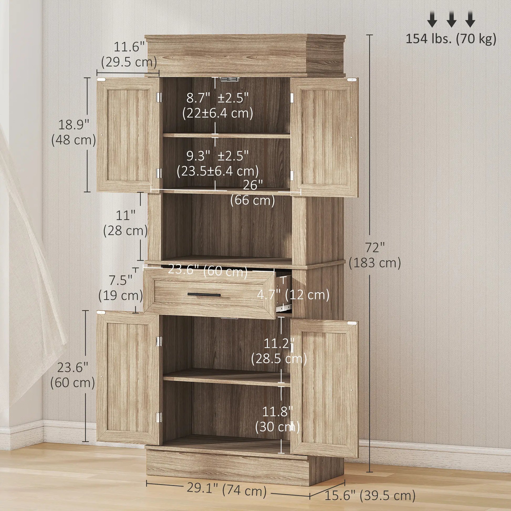 Modern Kitchen Pantry Cabinet, Freestanding with Adjustable Shelves, Oak Kitchen Pantry Cabinets at Gallery Canada