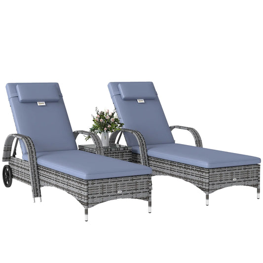 3-Piece Patio Rattan Chaise Lounge Set, Outdoor PE Wicker, Adjustable, Grey Chaise Loungers Grey at Gallery Canada