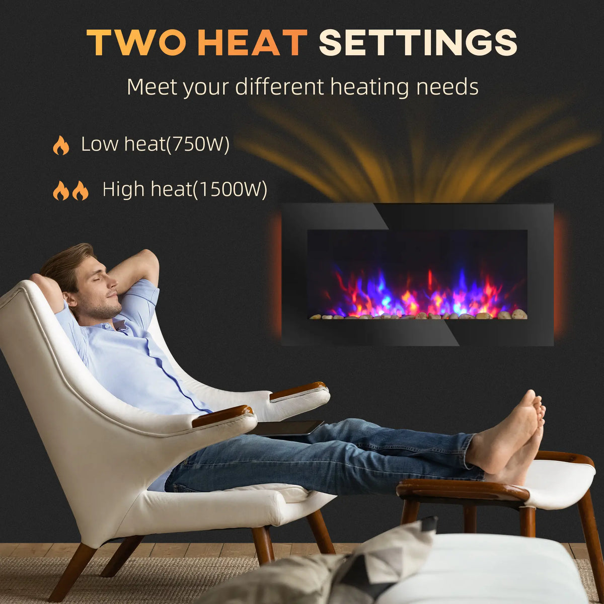 36" Wall-Mounted Electric Fireplace, 750/1500W, Flame Effect, 7 Color Light, Black Electric Fireplaces at Gallery Canada