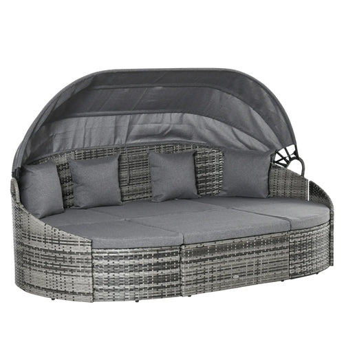 4-Piece PE Wicker Round Daybed, Outdoor Rattan Lounge Set, Grey