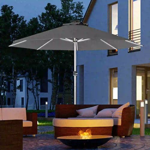 LED Patio Umbrella, Solar USB Charging, 4 Lighting Modes, Charcoal Grey