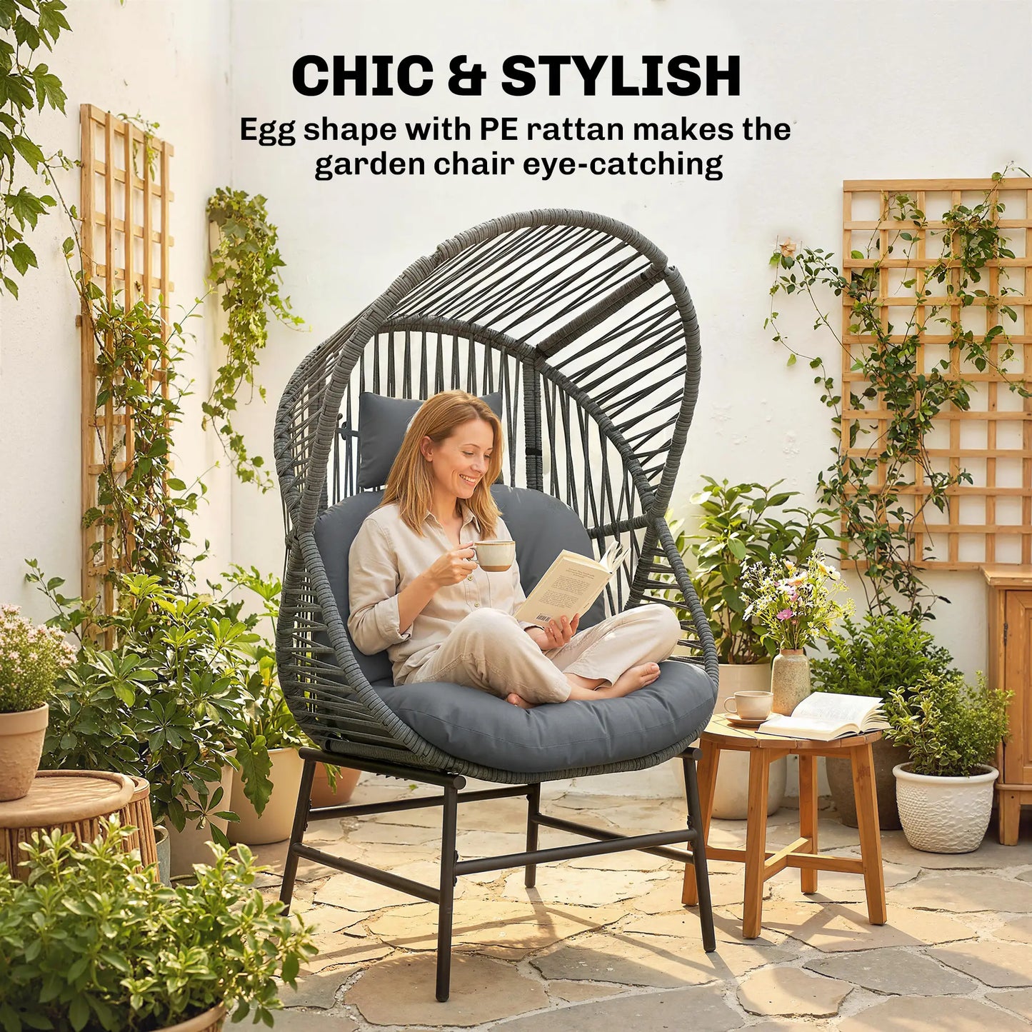 Outdoor Wicker Egg Chair, Steel Frame, 330 lbs, Dark Grey Patio Chairs at Gallery Canada