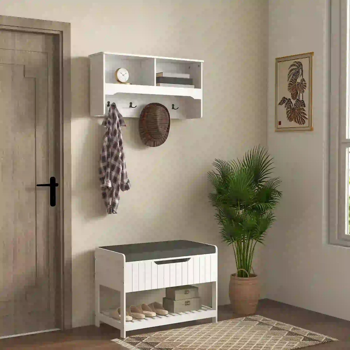 Wall Mounted Coat Rack, Shoe Storage Bench, Hall Tree, White Clothing Storage at Gallery Canada
