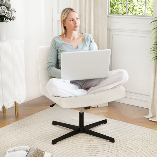 Office Armless Chair Cross Legged with Imitation Lamb Fleece and Adjustable Height, Beige