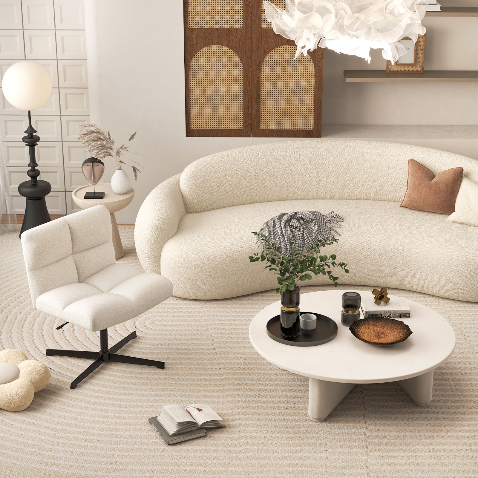 Office Armless Chair Cross Legged with Imitation Lamb Fleece and Adjustable Height, Beige Armless Chairs at Gallery Canada