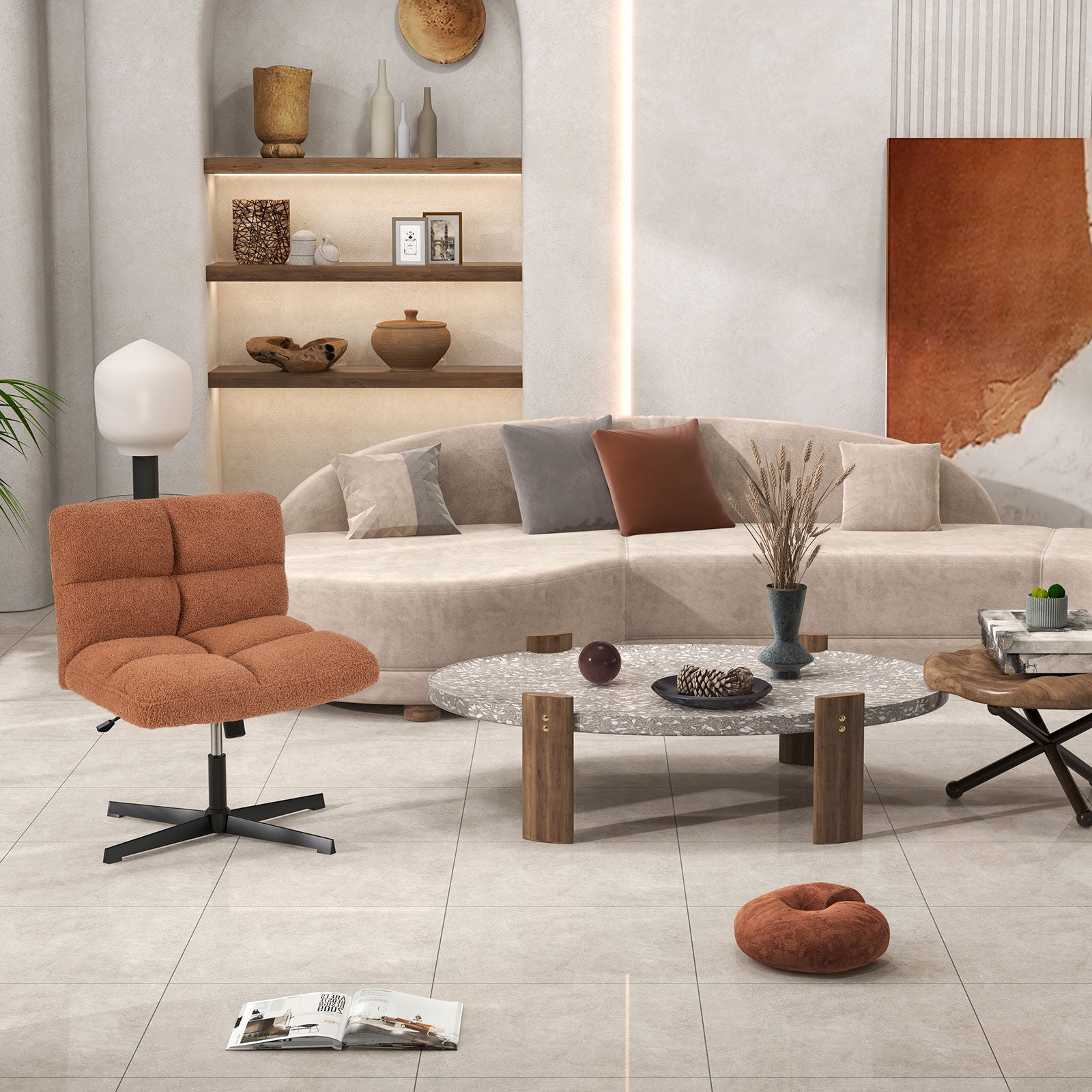 Office Armless Chair Cross Legged with Imitation Lamb Fleece and Adjustable Height, Brown Armless Chairs at Gallery Canada