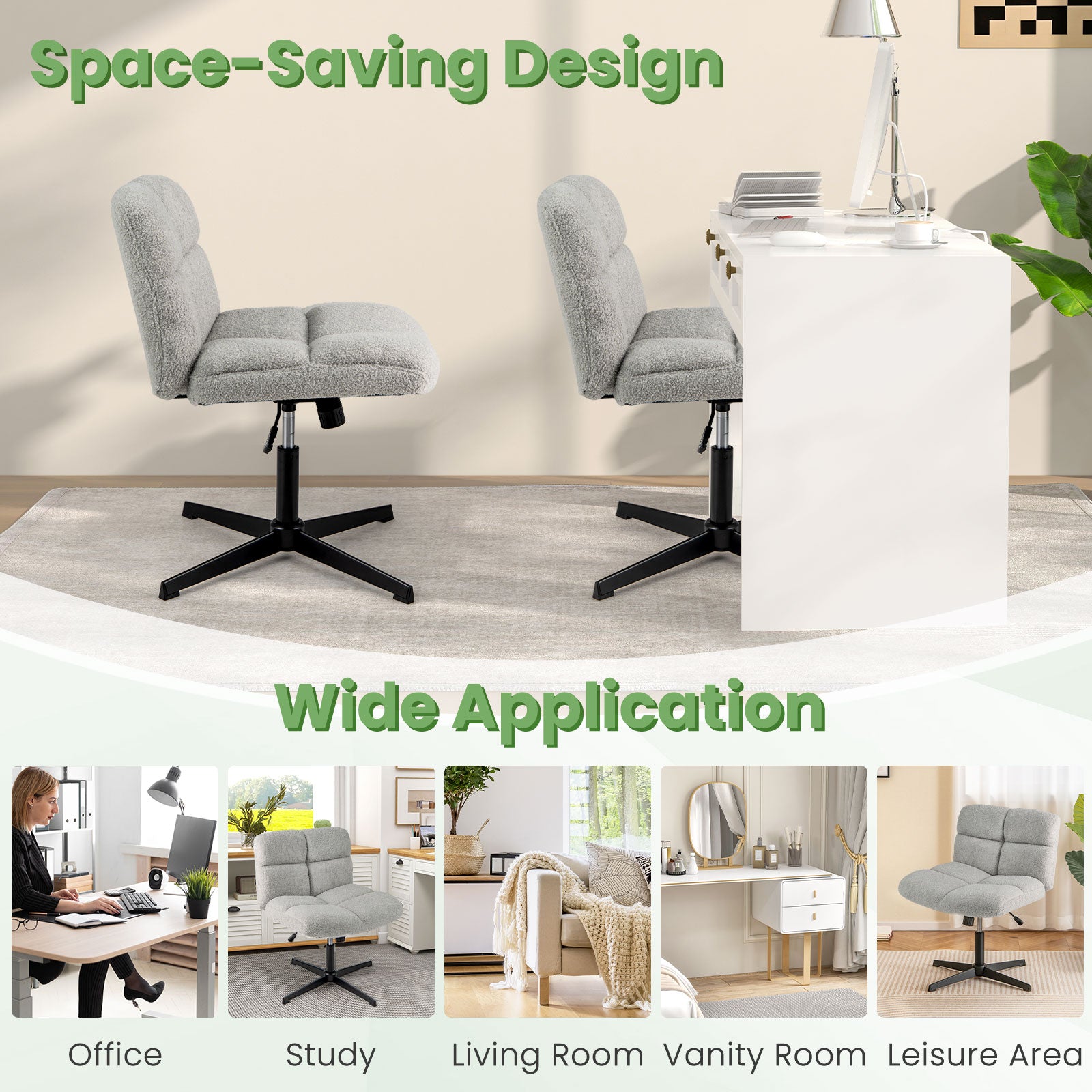 Office Armless Chair Cross Legged with Imitation Lamb Fleece and Adjustable Height, Gray Armless Chairs at Gallery Canada