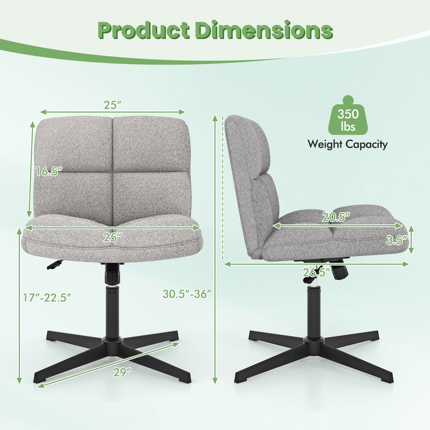 Office Armless Chair Cross Legged with Imitation Lamb Fleece and Adjustable Height, Gray Armless Chairs at Gallery Canada