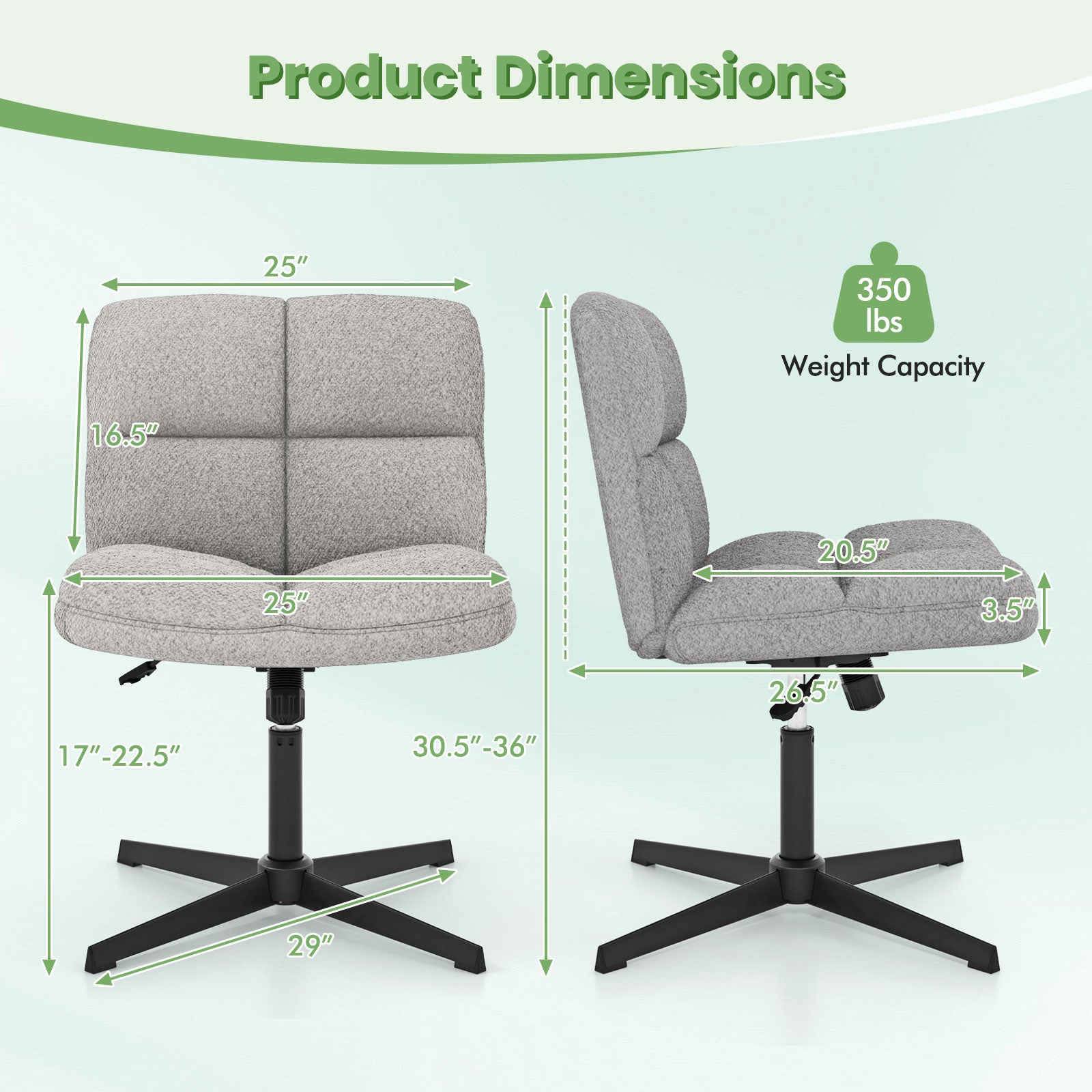 Office Armless Chair Cross Legged with Imitation Lamb Fleece and Adjustable Height, Gray Armless Chairs at Gallery Canada