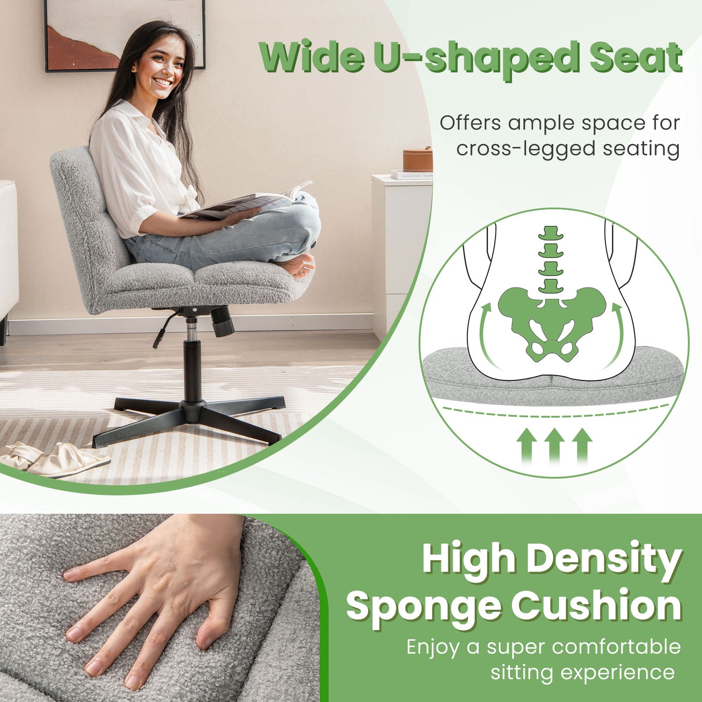 Office Armless Chair Cross Legged with Imitation Lamb Fleece and Adjustable Height, Gray Armless Chairs at Gallery Canada