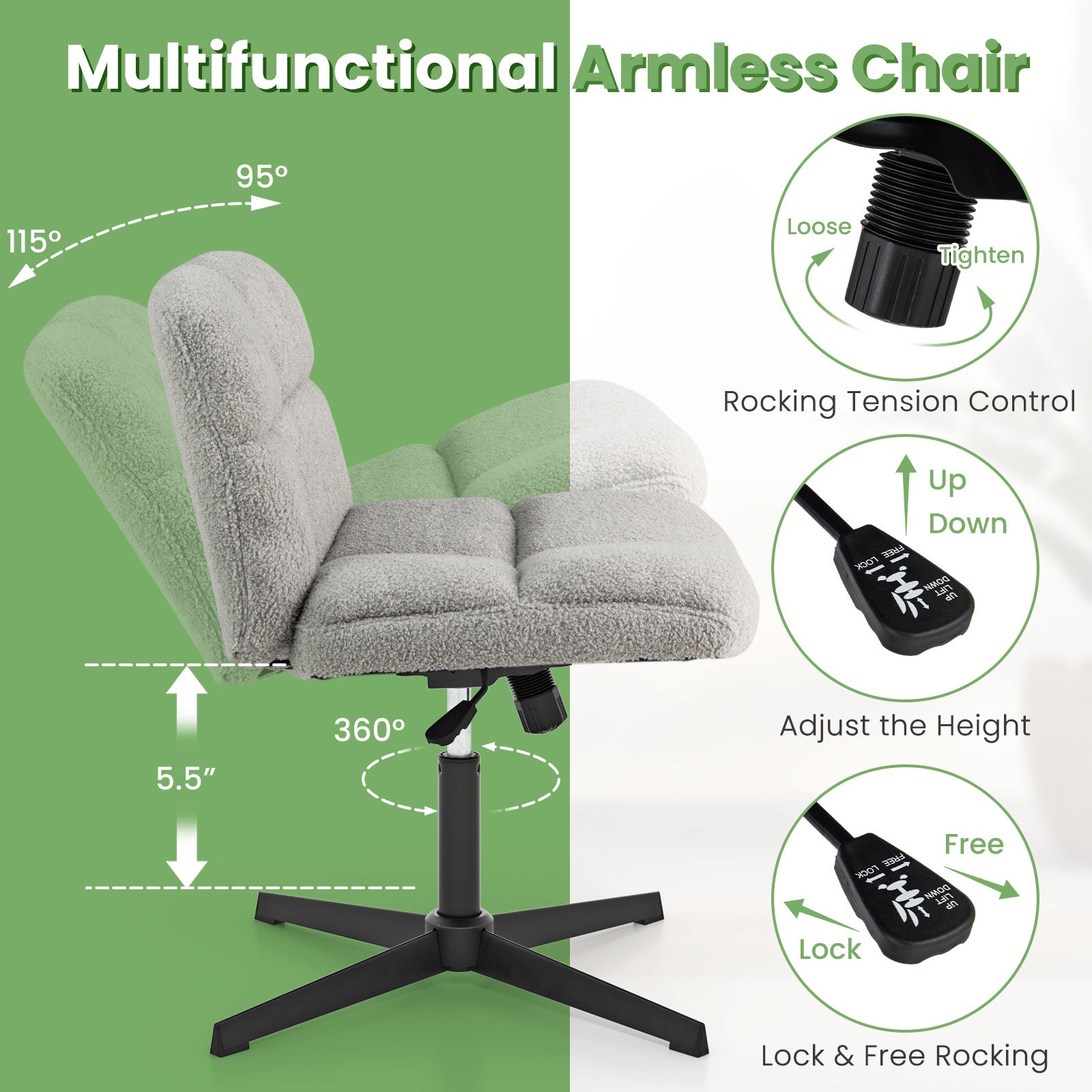 Office Armless Chair Cross Legged with Imitation Lamb Fleece and Adjustable Height, Gray Armless Chairs at Gallery Canada