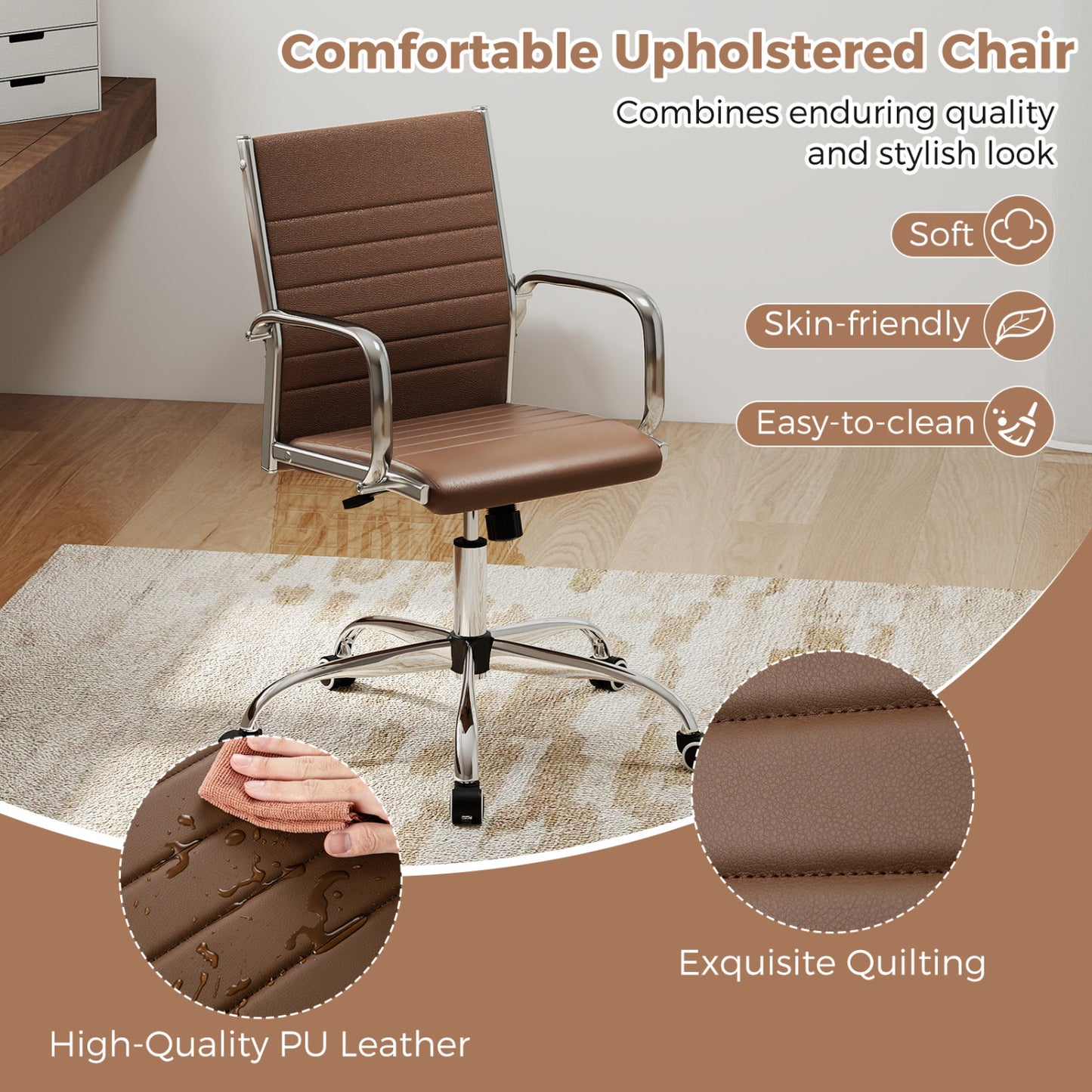 Height Adjustable Office Chair with Rocking Backrest, Brown