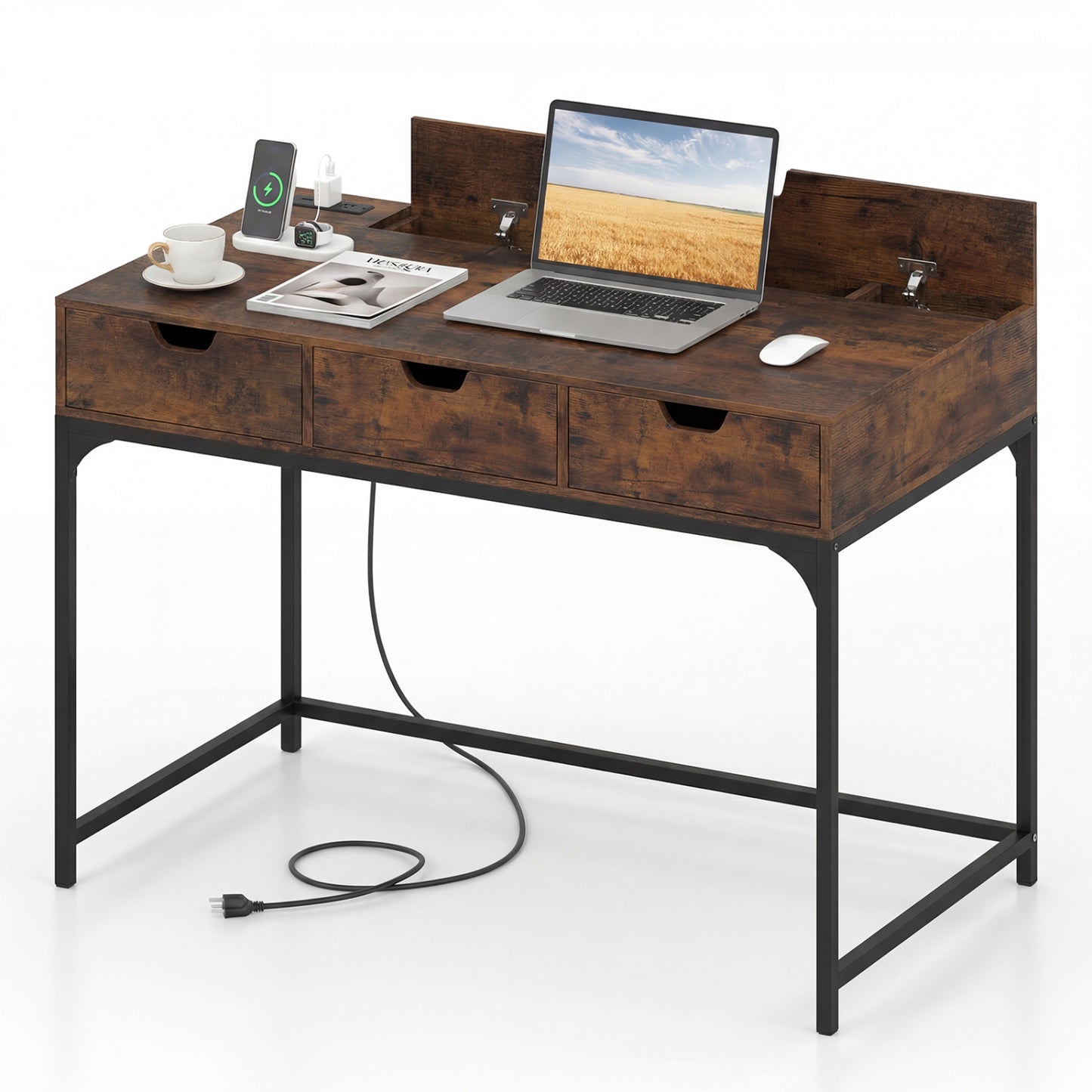 Office Desk With Power Outlets, Hidden Compartment, Brown Office Desks at Gallery Canada
