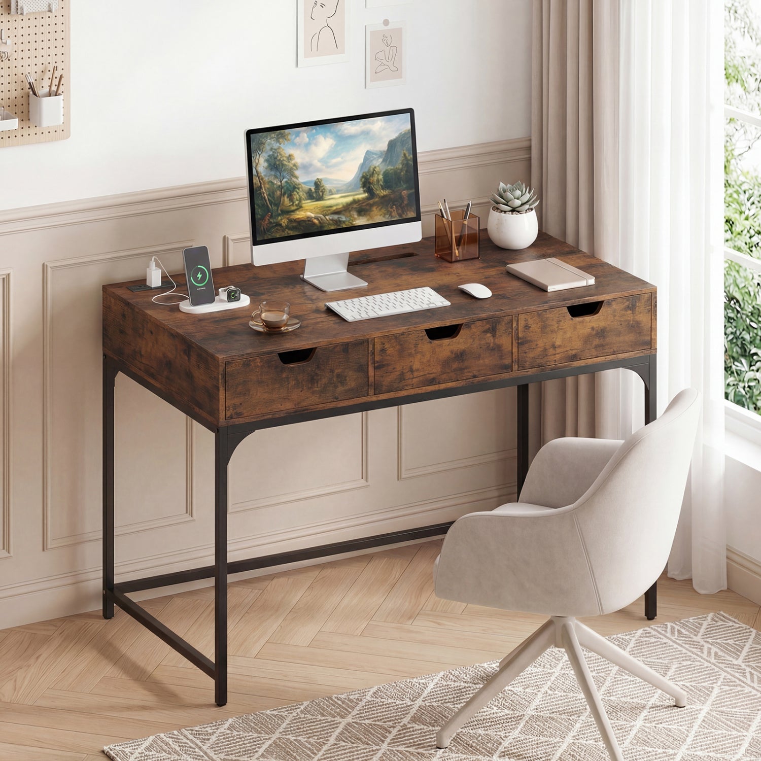 Office Desk With Power Outlets, Hidden Compartment, Brown Office Desks at Gallery Canada