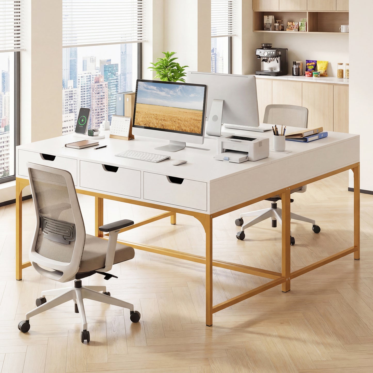 Office Desk With Power Outlets, Hidden Compartment, White Office Desks at Gallery Canada