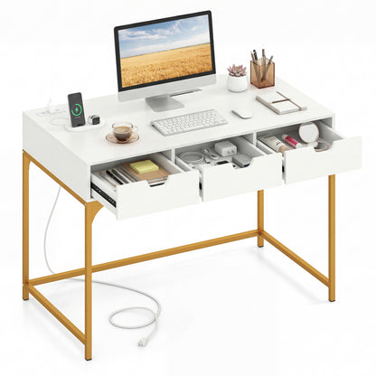 Office Desk With Power Outlets, Hidden Compartment, White Office Desks White at Gallery Canada